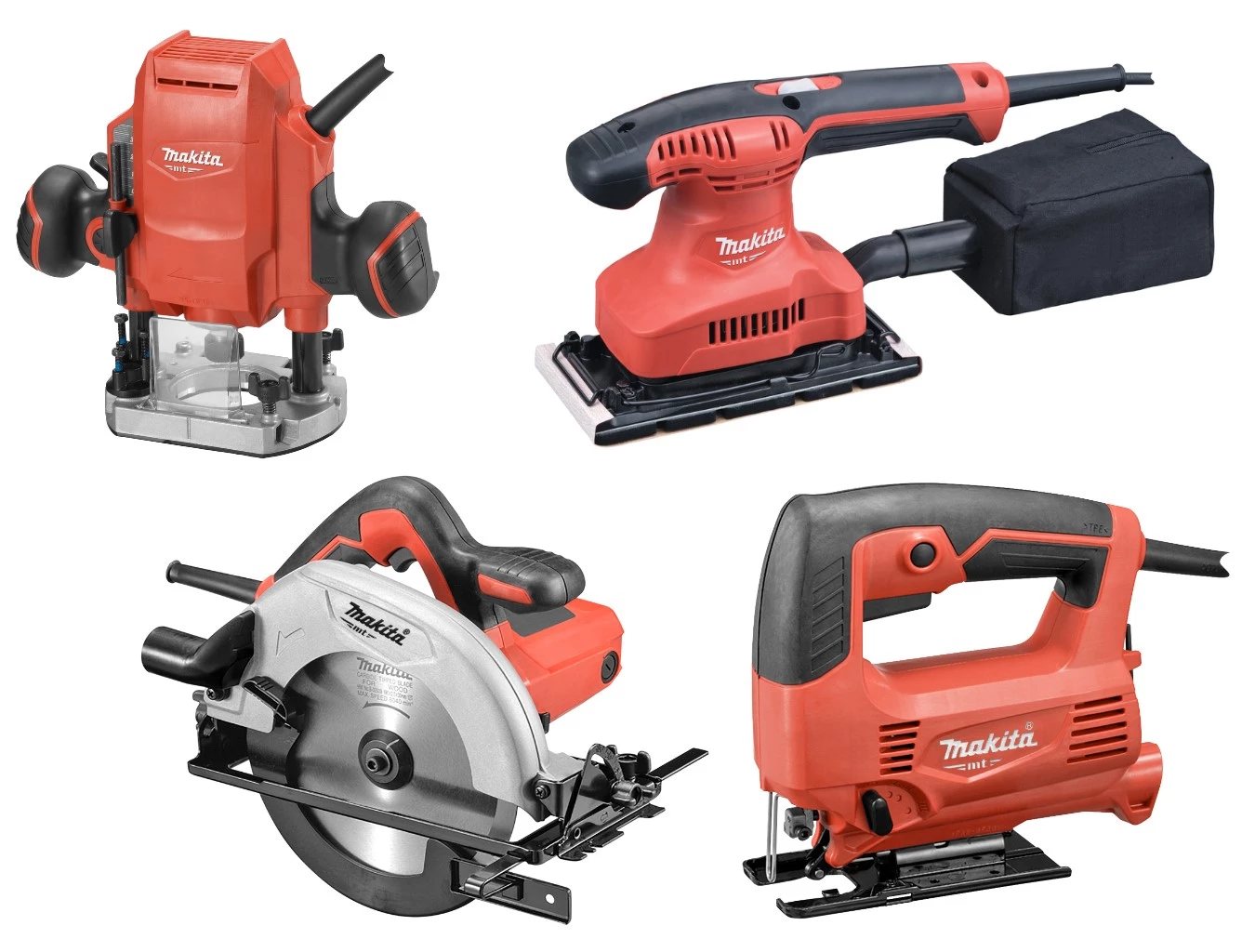 Makita MT Ponceuse Vibrante MT Advantage Set - Défonceuse M3601 + Ponceuse M9203 - Scie Sauteuse M4301 + Scie Circulaire M5802 3 Makita MT Ponceuse Vibrante MT Advantage Set - Défonceuse M3601 + Ponceuse M9203 - Scie Sauteuse M4301 + Scie Circulaire M5802